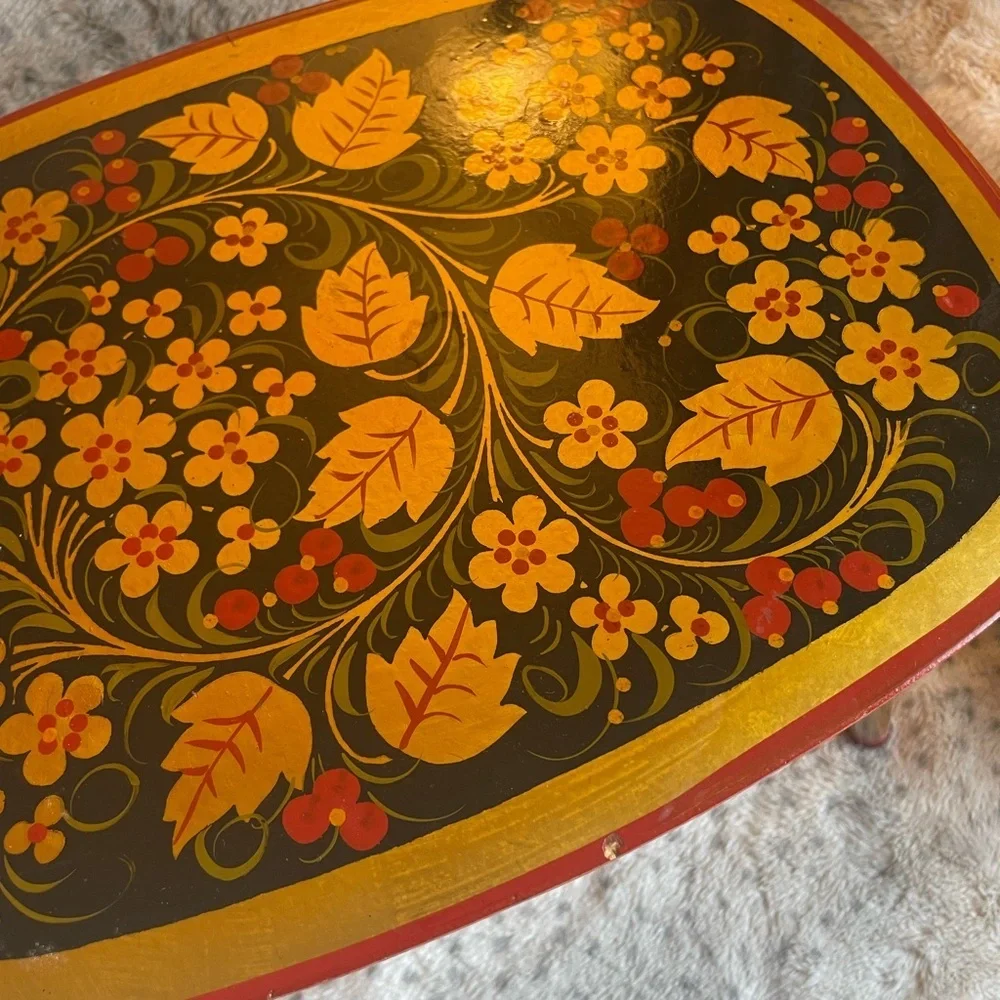 Taburetka, vintage hand-painted Xoxloma stool, USSR, 1970s